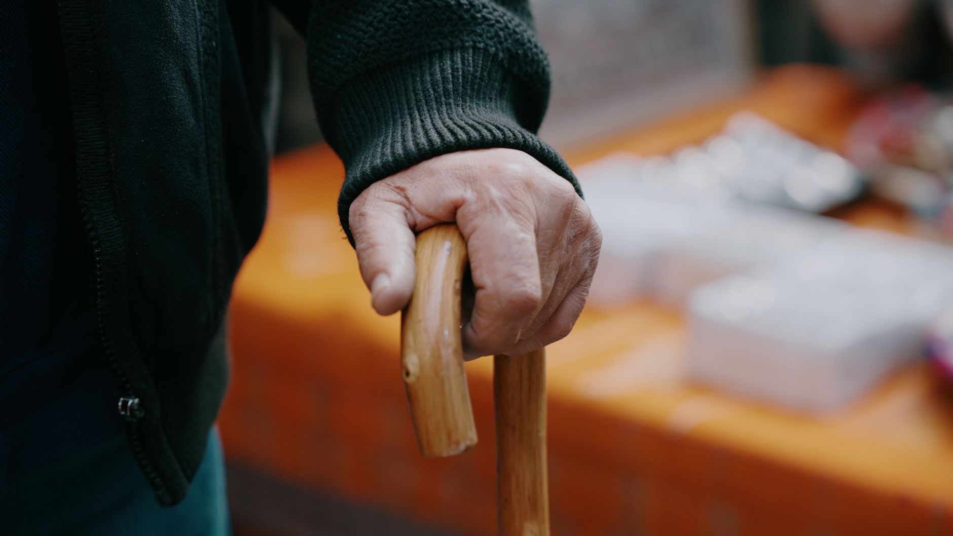 A carer and an older woman gardening together in a yard